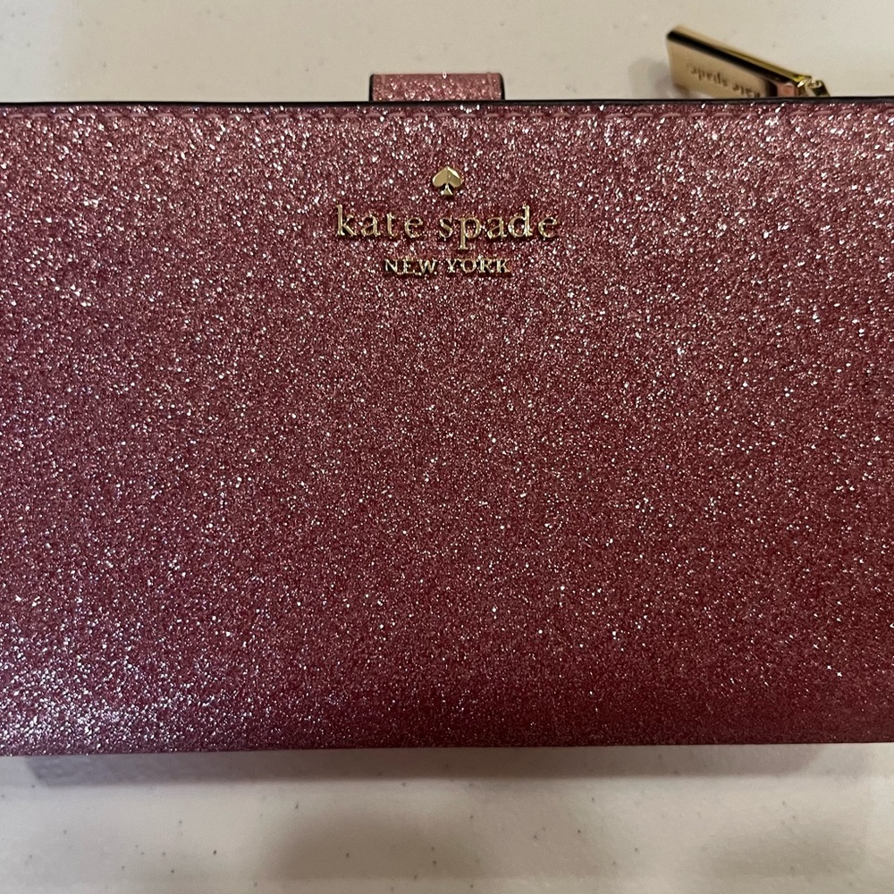 kate spade New York Pink Glitter Zip Wallet with Gold Logo